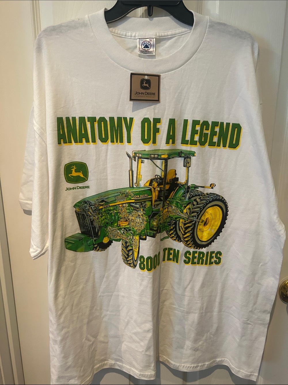 John Deere White Graphic Tee with Green & Yellow Tractor Print